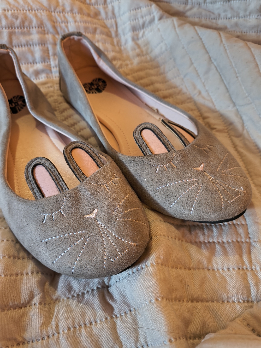 T.U.K Grey Suede Ballet Flats with Rabbit Ears And Embroidered Face. 6.5 - Picture 2 of 8